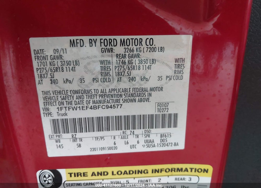 2011 FORD F-150 FX4 VIN: 1FTFW1EF4BFC94577