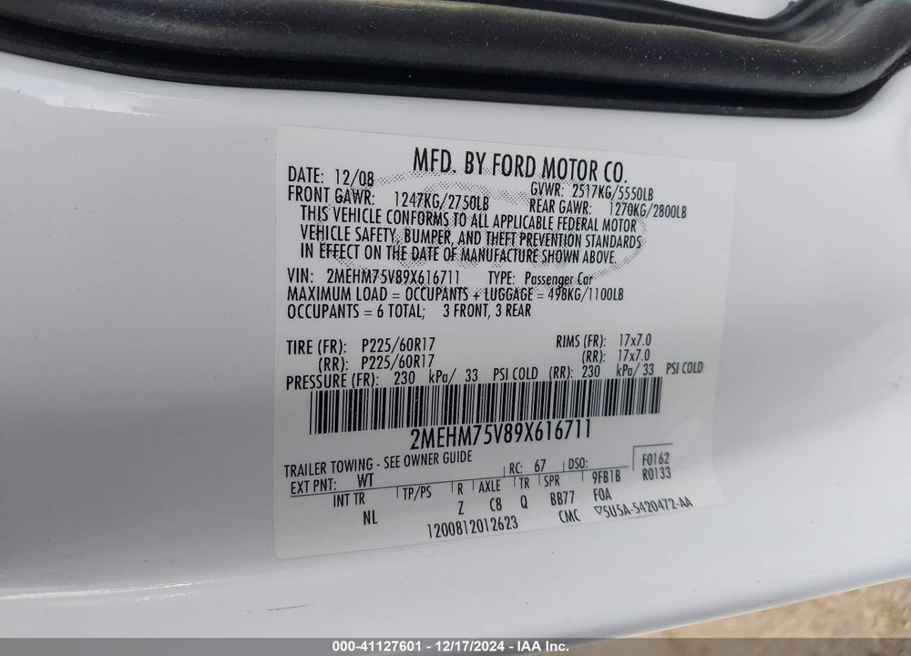 2009 MERCURY GRAND MARQUIS LS (FLEET ONLY) VIN: 2MEHM75V89X616711