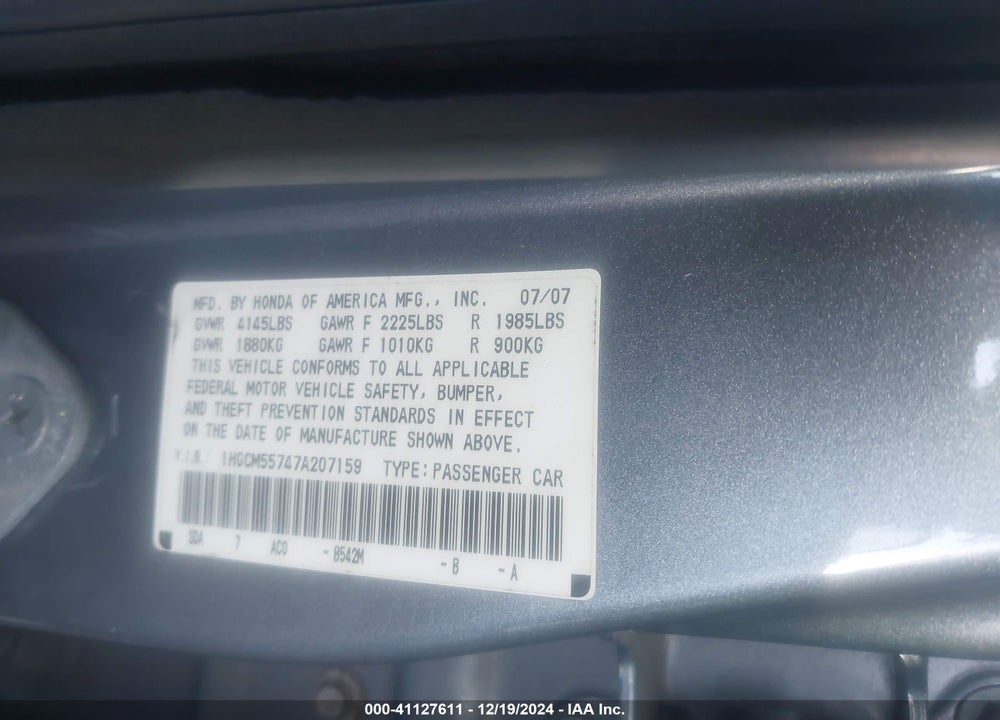 2007 HONDA ACCORD VIN: 1HGCM55747A207159