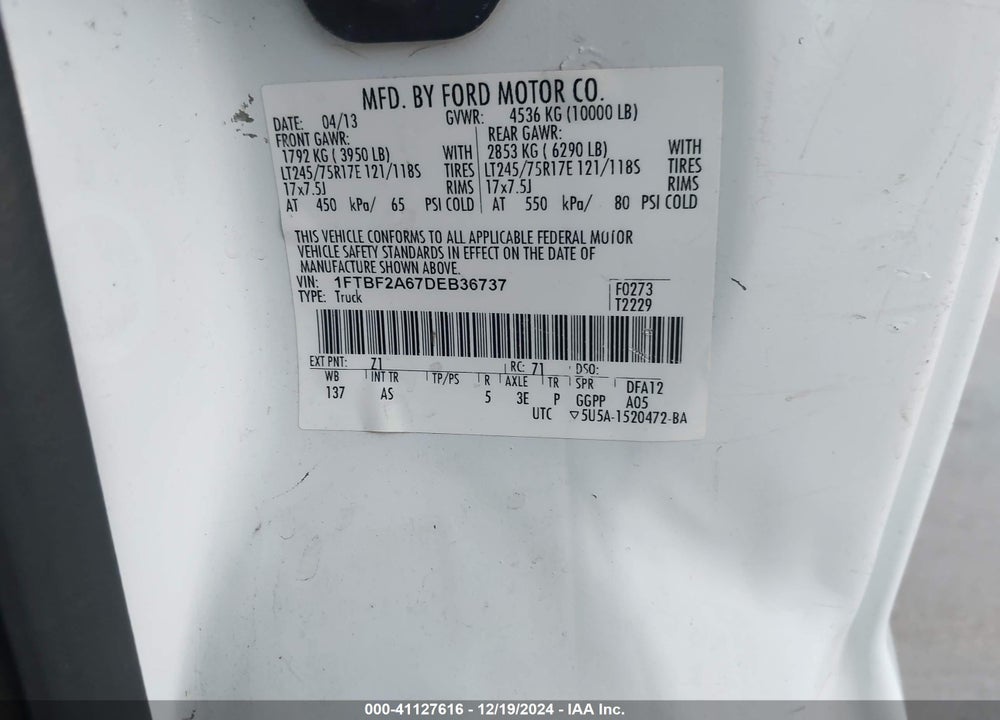 2013 FORD F-250 XL VIN: 1FTBF2A67DEB36737