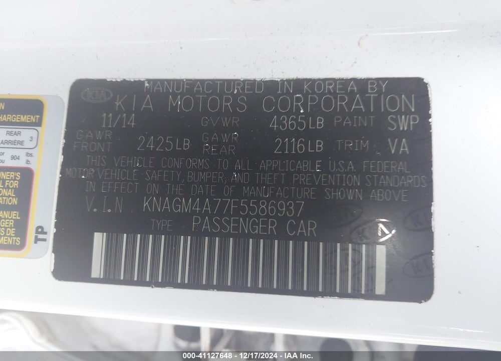 2015 KIA OPTIMA LX VIN: KNAGM4A77F5586937