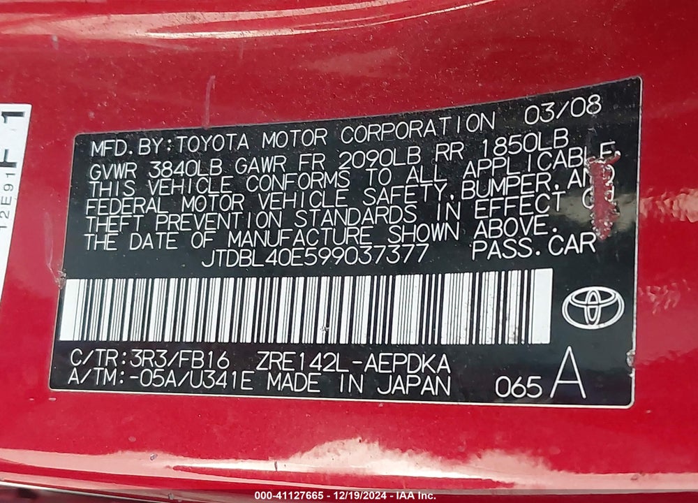 2009 TOYOTA COROLLA LE VIN: JTDBL40E599037377