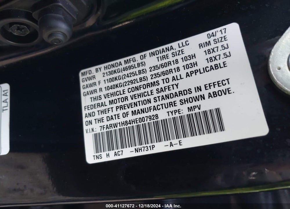 2017 HONDA CR-V EX-L/EX-L NAVI VIN: 7FARW1H84HE007928