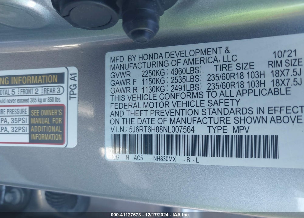 2022 HONDA CR-V HYBRID EX-L VIN: 5J6RT6H88NL007564