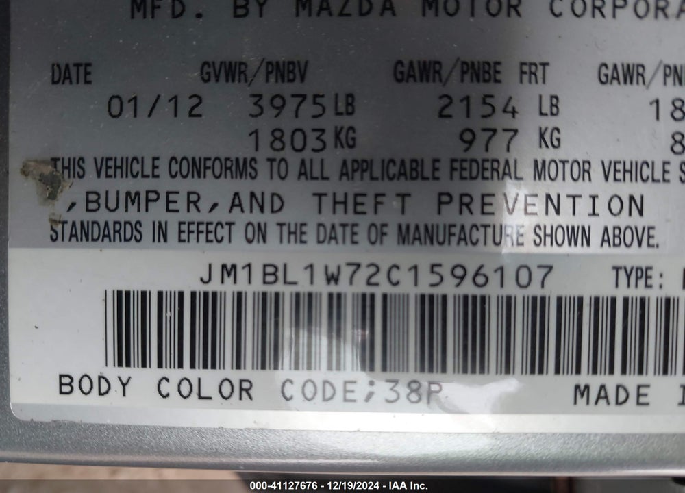 2012 MAZDA MAZDA3 VIN: JM1BL1W72C1596107