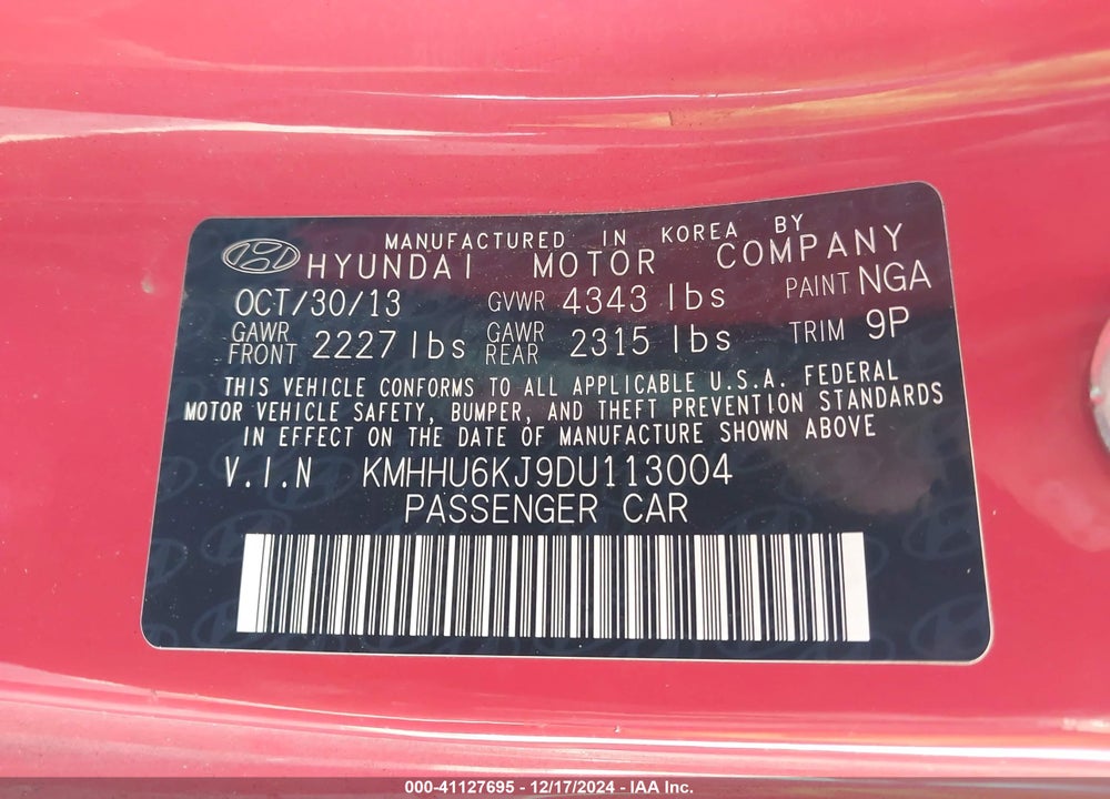2013 HYUNDAI GENESIS VIN: KMHHU6KJ9DU113004