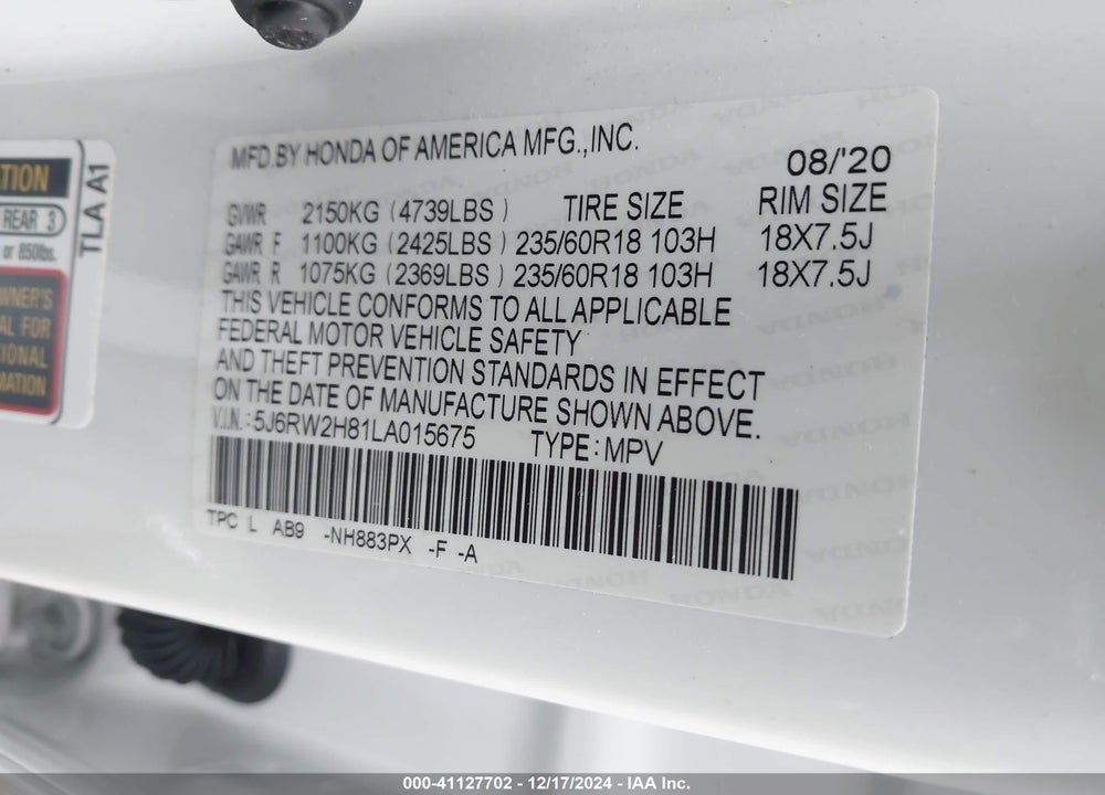2020 HONDA CR-V AWD EX-L VIN: 5J6RW2H81LA015675