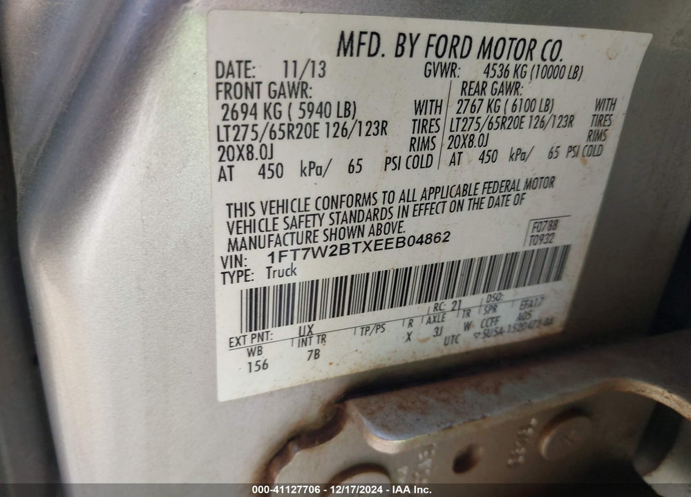 2014 FORD F-250 VIN: 1FT7W2BTXEEB04862