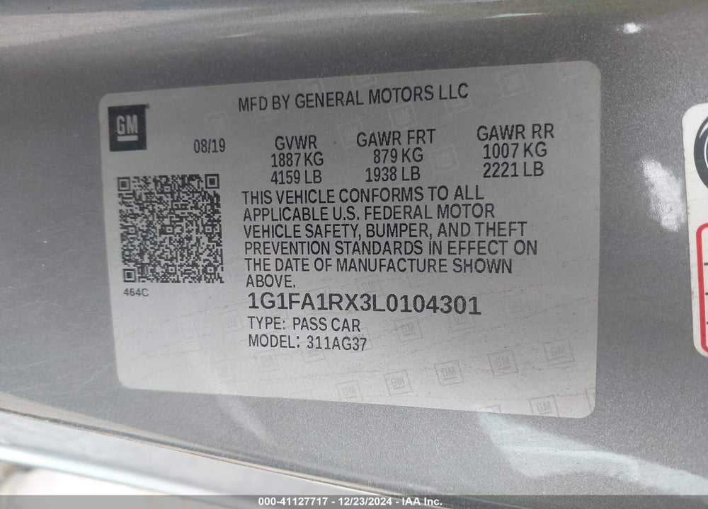 2020 CHEVROLET CAMARO VIN: 1G1FA1RX3L0104301