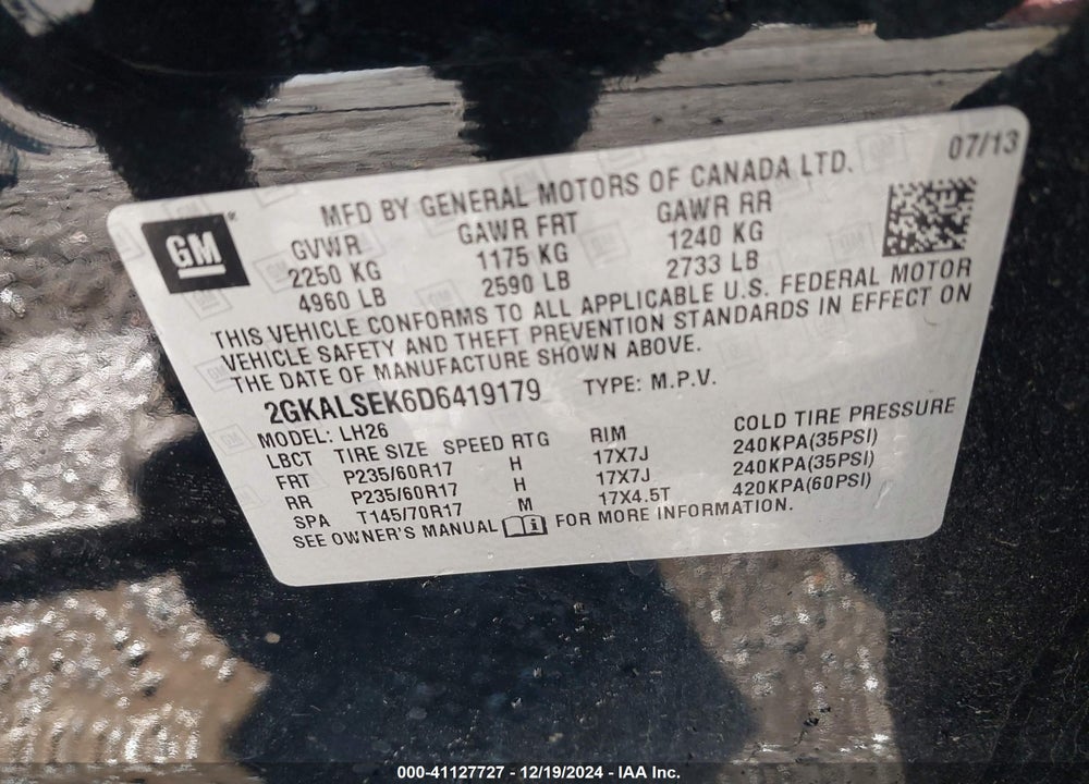 2013 GMC TERRAIN SLE-2 VIN: 2GKALSEK6D6419179