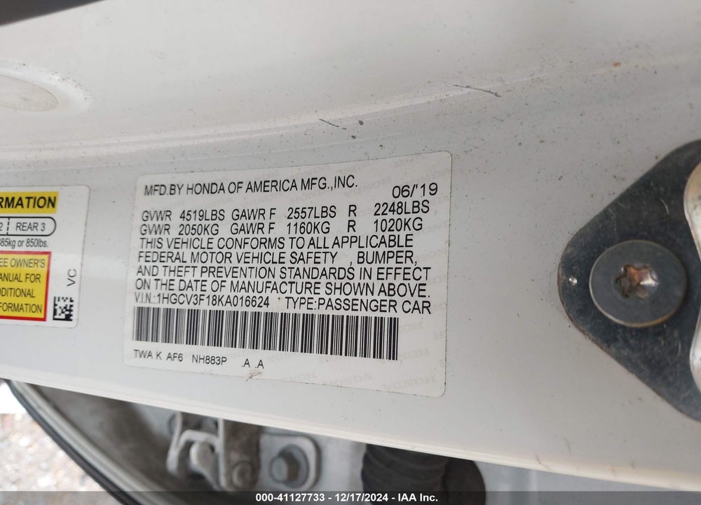 2019 HONDA ACCORD HYBRID VIN: 1HGCV3F18KA016624