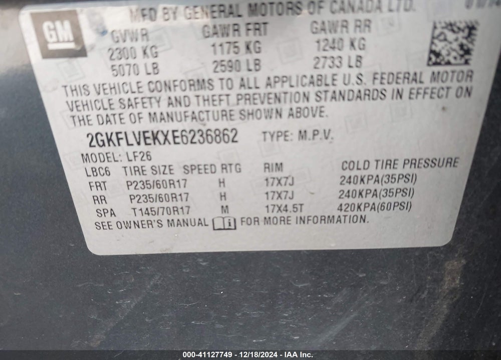 2014 GMC TERRAIN SLE-1 VIN: 2GKFLVEKXE6236862