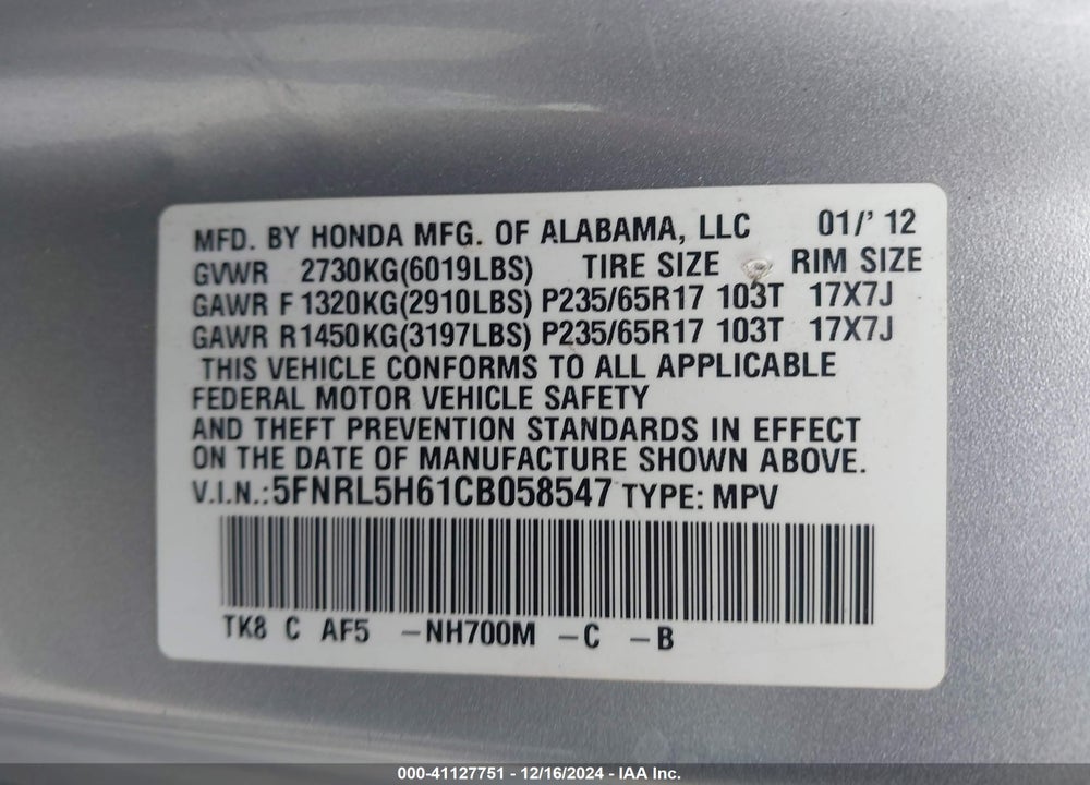 2012 HONDA ODYSSEY EX-L VIN: 5FNRL5H61CB058547