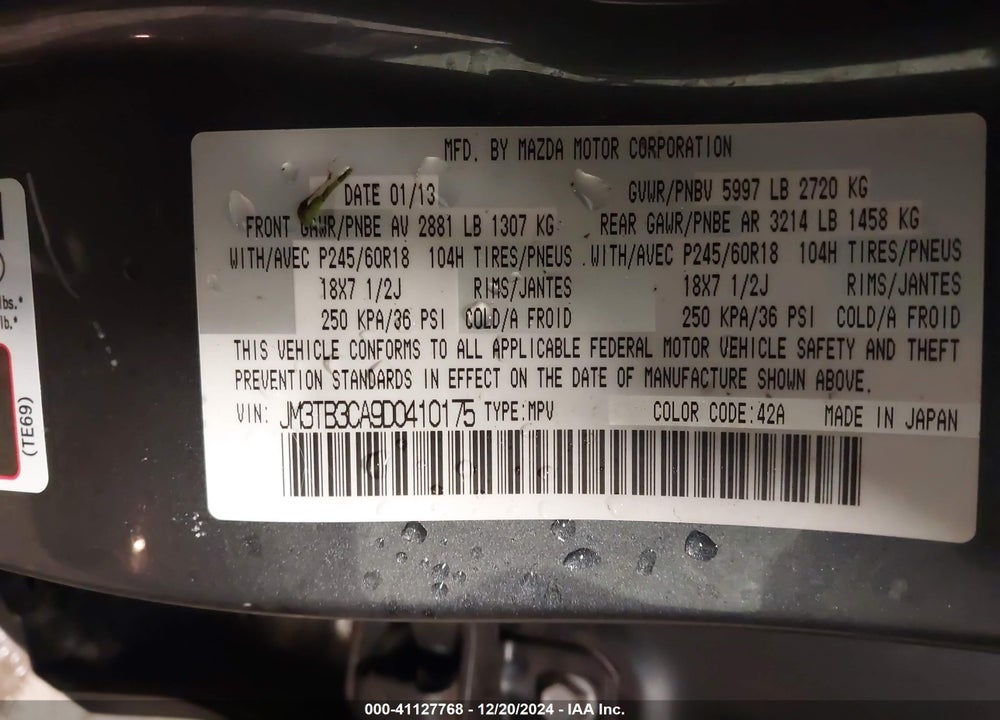 2013 MAZDA CX-9 TOURING VIN: JM3TB3CA9D0410175