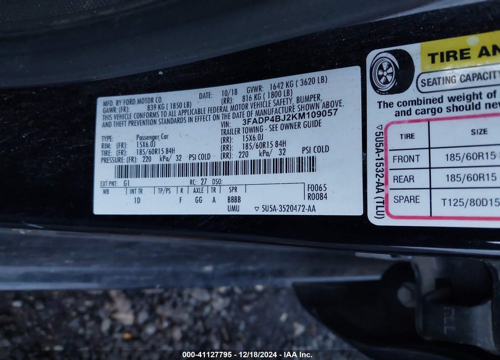 2019 FORD FIESTA VIN: 3FADP4BJ2KM109057