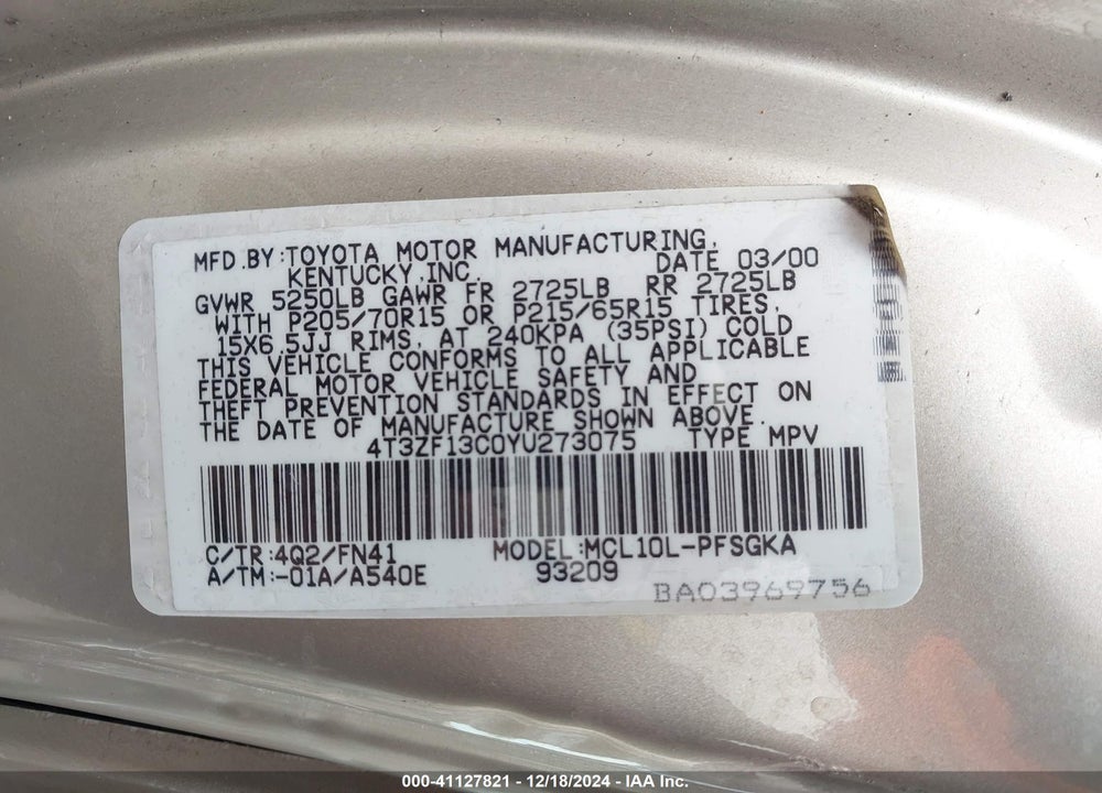 2000 TOYOTA SIENNA LE VIN: 4T3ZF13C0YU273075