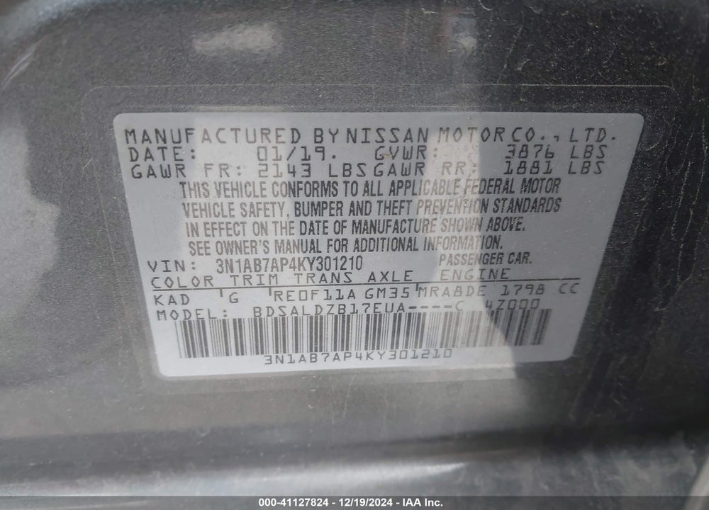 2019 NISSAN SENTRA VIN: 3N1AB7AP4KY301210