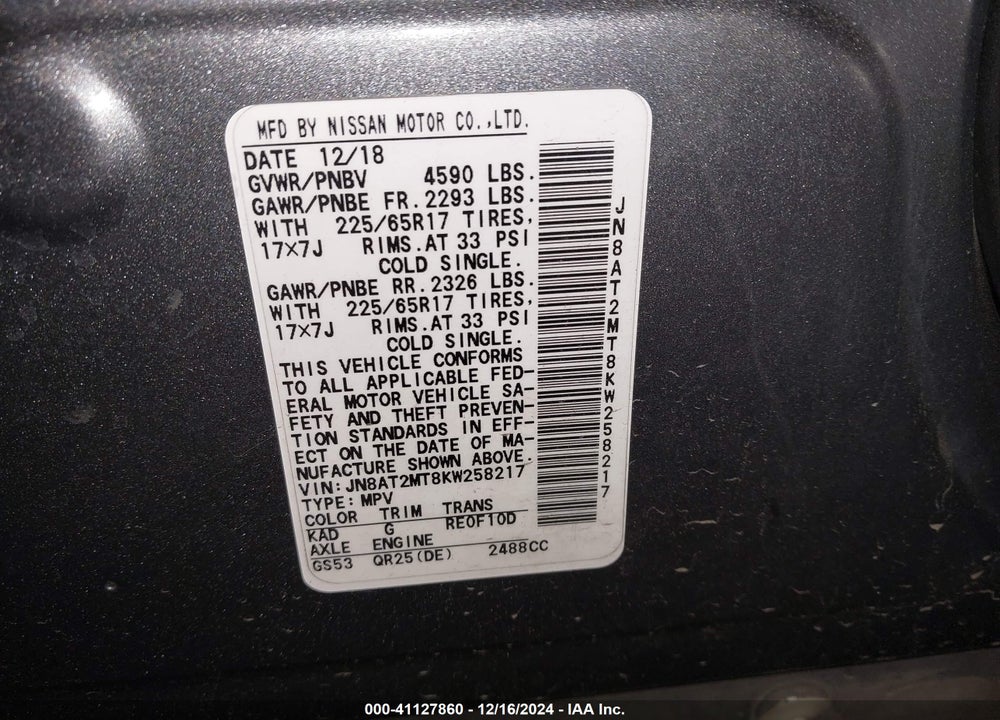 2019 NISSAN ROGUE SV VIN: JN8AT2MT8KW258217