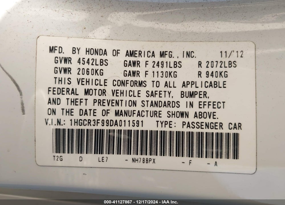 2013 HONDA ACCORD VIN: 1HGCR3F99DA011591
