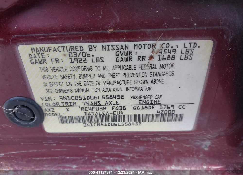 2006 NISSAN SENTRA 1.8S VIN: 3N1CB51D06L558452