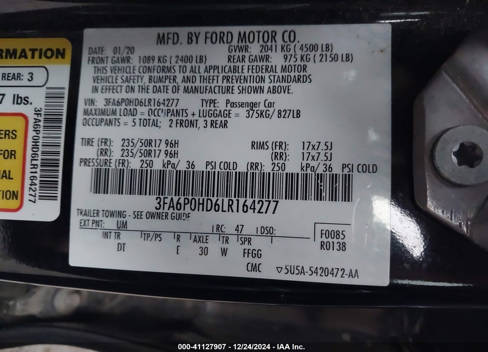 2020 FORD FUSION SE VIN: 3FA6P0HD6LR164277