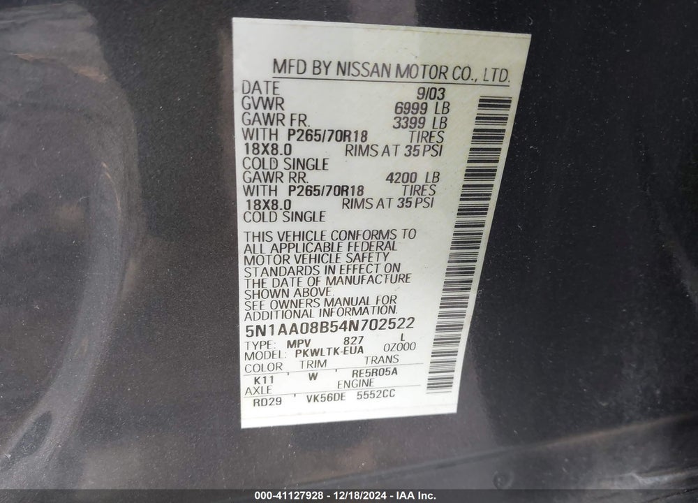 2004 NISSAN PATHFINDER ARMADA SE VIN: 5N1AA08B54N702522
