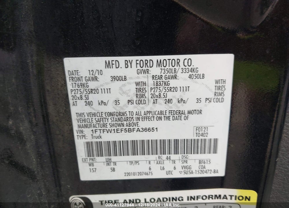 2011 FORD F-150 FX4 VIN: 1FTFW1EF5BFA36651