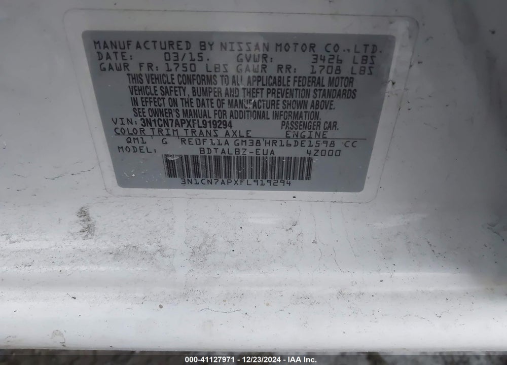 2015 NISSAN VERSA VIN: 3N1CN7APXFL919294