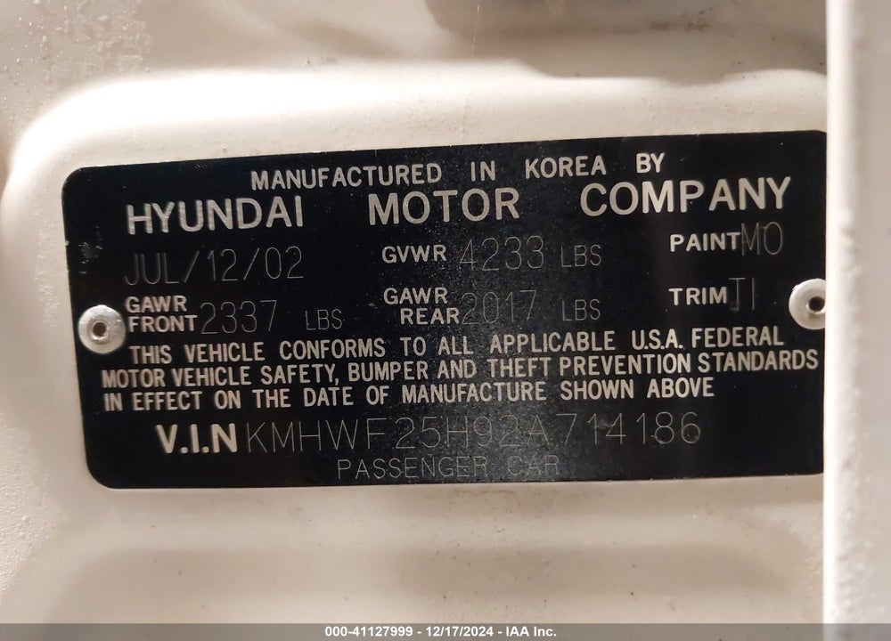 2002 HYUNDAI SONATA GLS VIN: KMHWF25H92A714186