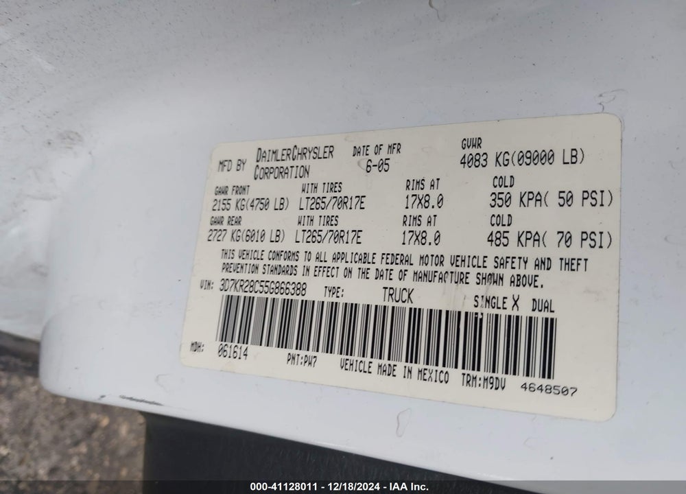 2005 DODGE RAM 2500 SLT/LARAMIE VIN: 3D7KR28C55G866388