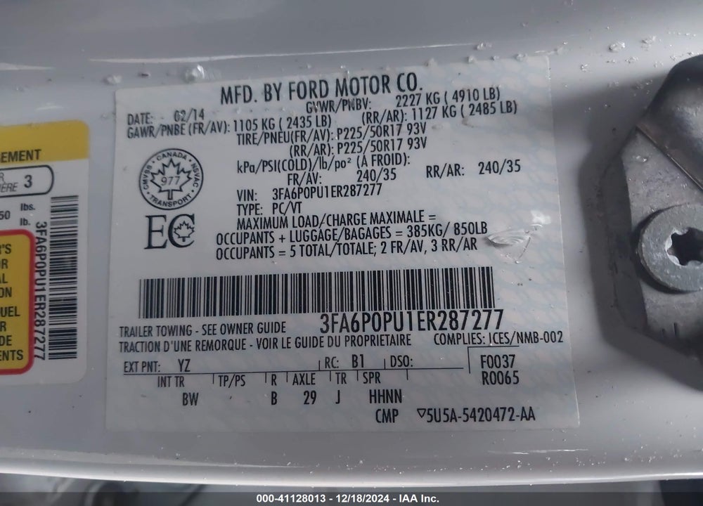 2014 FORD FUSION ENERGI VIN: 3FA6P0PU1ER287277