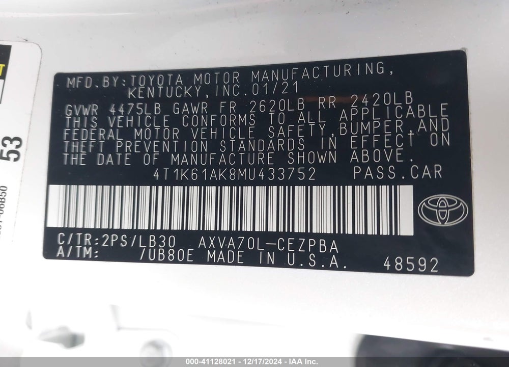 2021 TOYOTA CAMRY XSE VIN: 4T1K61AK8MU433752