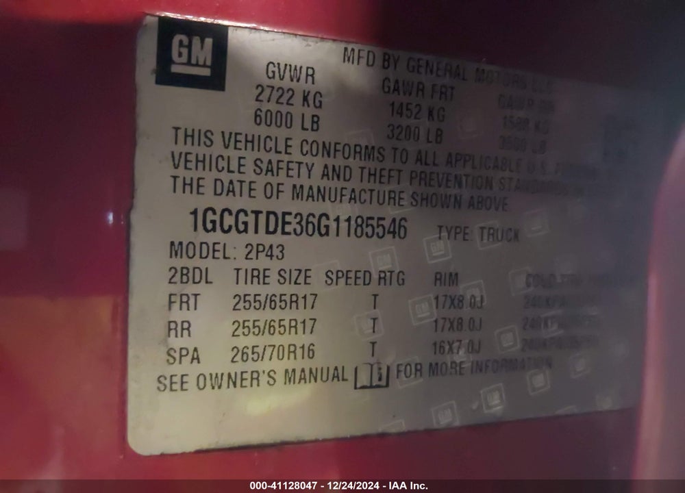 2016 CHEVROLET COLORADO VIN: 1GCGTDE36G1185546