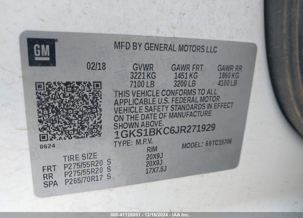 2018 GMC YUKON SLT VIN: 1GKS1BKC6JR271929
