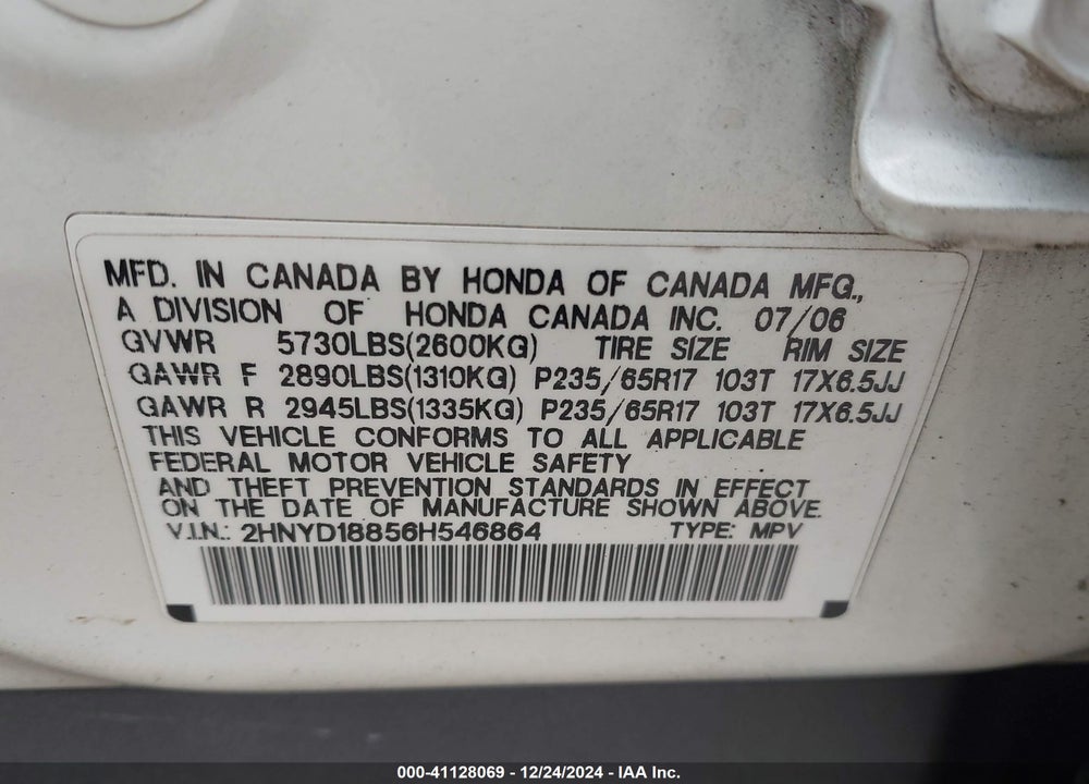 2006 ACURA MDX VIN: 2HNYD18856H546864