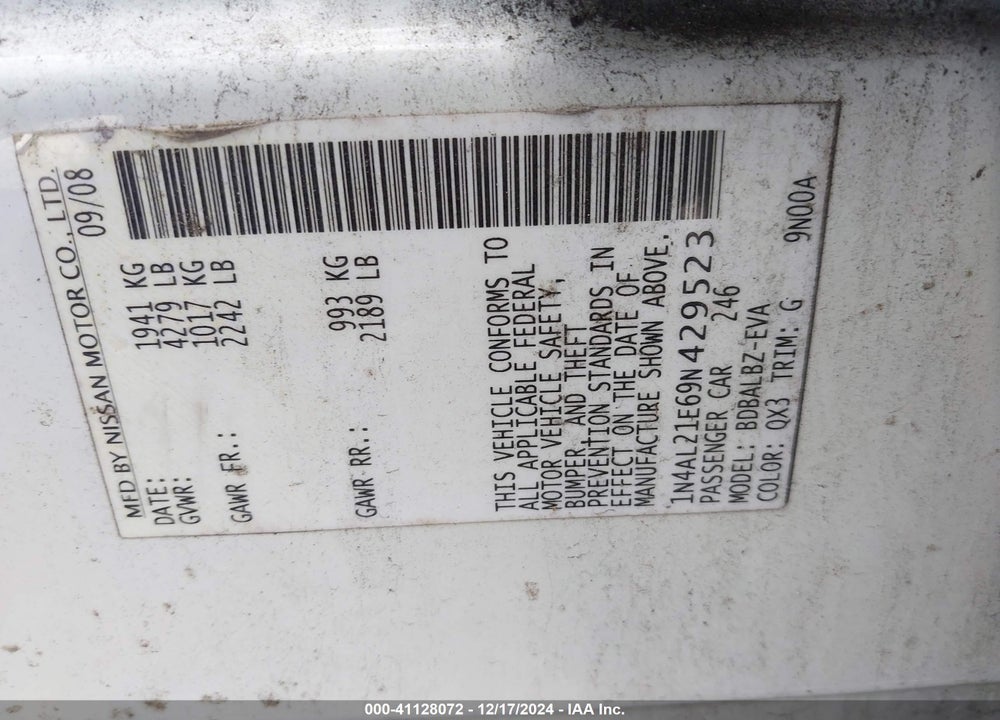 2009 NISSAN ALTIMA 2.5 S VIN: 1N4AL21E69N429523