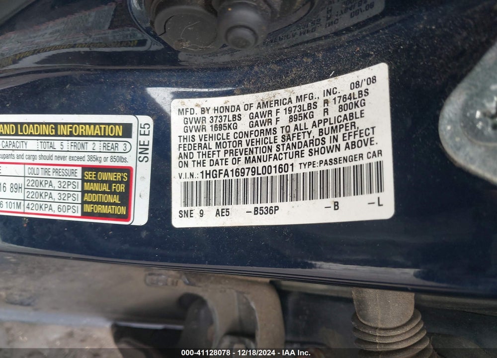2009 HONDA CIVIC EX-L VIN: 1HGFA16979L001601