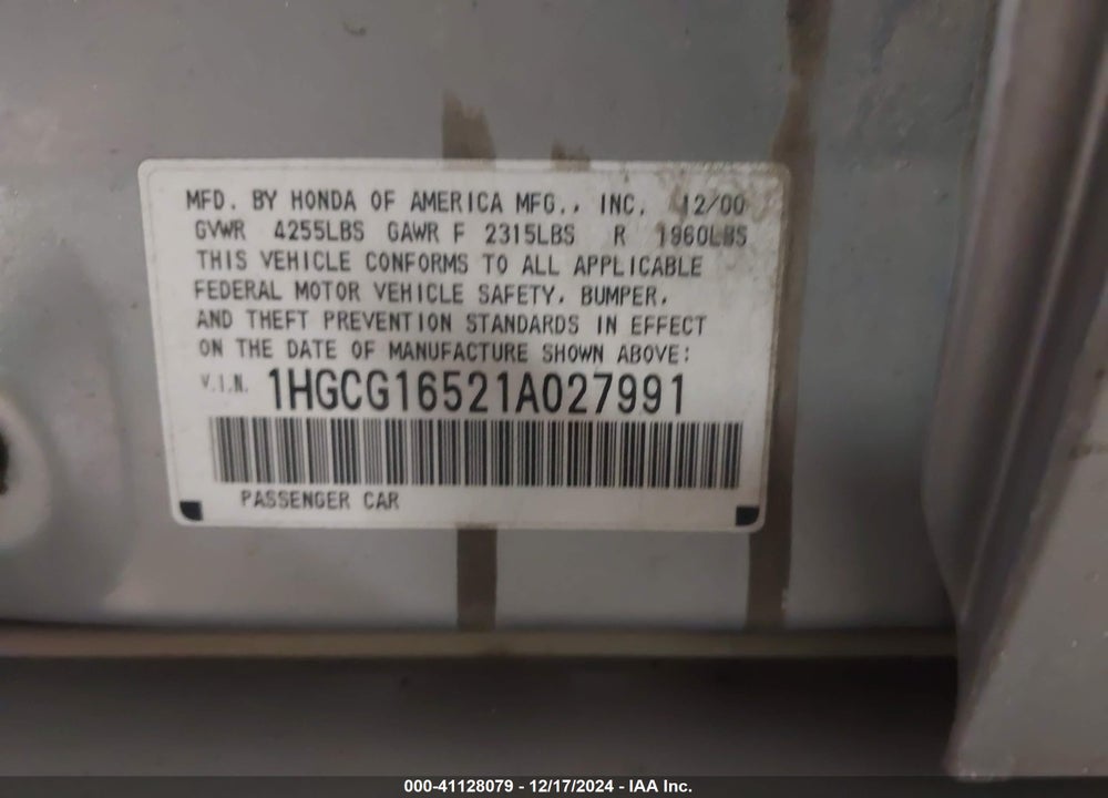 2001 HONDA ACCORD 3.0 EX VIN: 1HGCG16521A027991