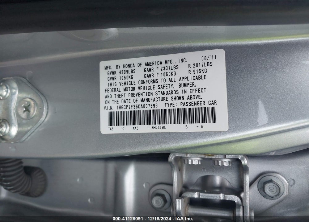 2012 HONDA ACCORD 2.4 LX VIN: 1HGCP2F35CA007693