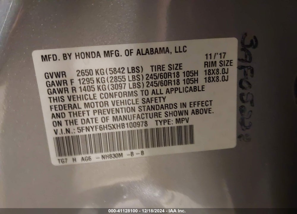 2017 HONDA PILOT EX-L VIN: 5FNYF6H5XHB100978