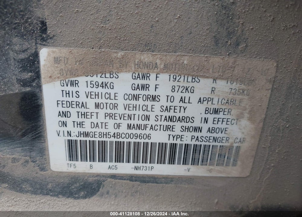 2011 HONDA FIT VIN: JHMGE8H54BC009606