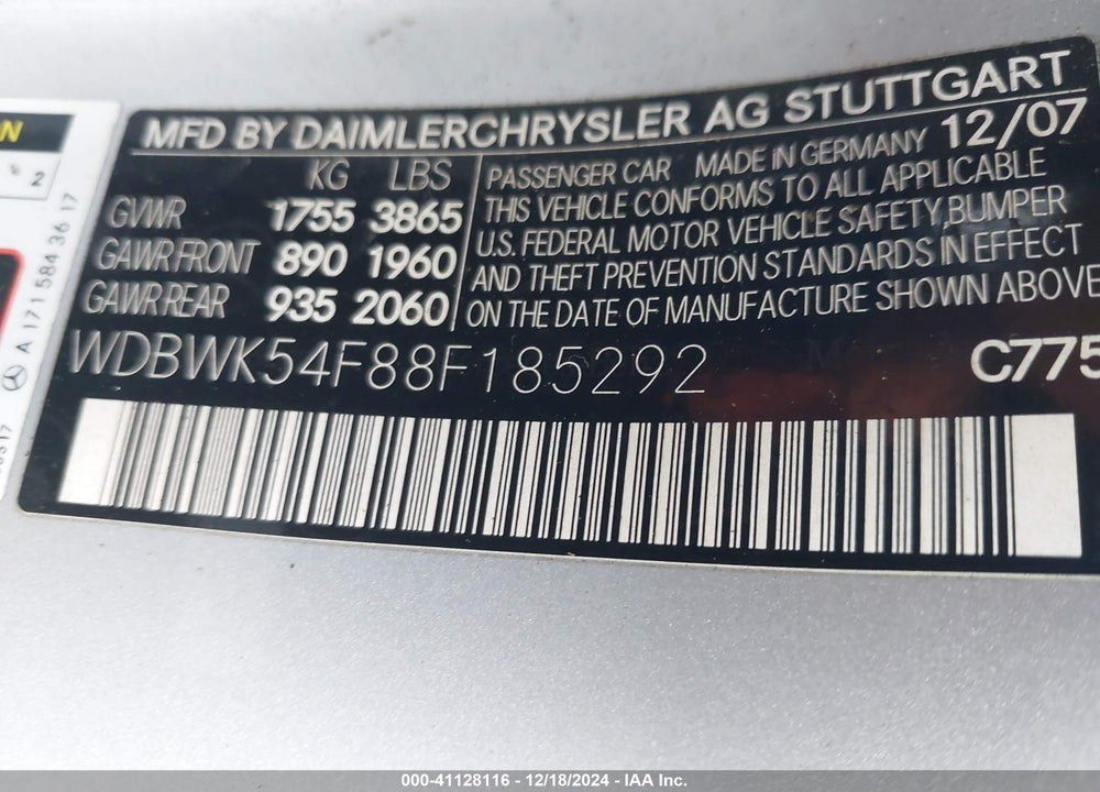 2008 MERCEDES-BENZ SLK 280 VIN: WDBWK54F88F185292