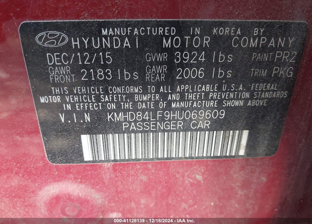2017 HYUNDAI ELANTRA SE VIN: KMHD84LF9HU069609