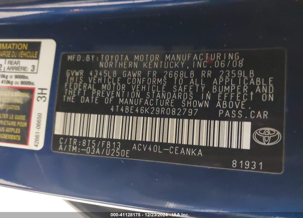 2009 TOYOTA CAMRY VIN: 4T4BE46K29R082797