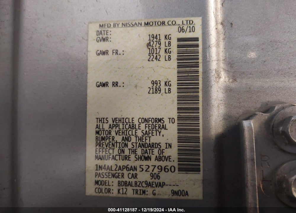 2010 NISSAN ALTIMA 2.5 S VIN: 1N4AL2AP6AN527960