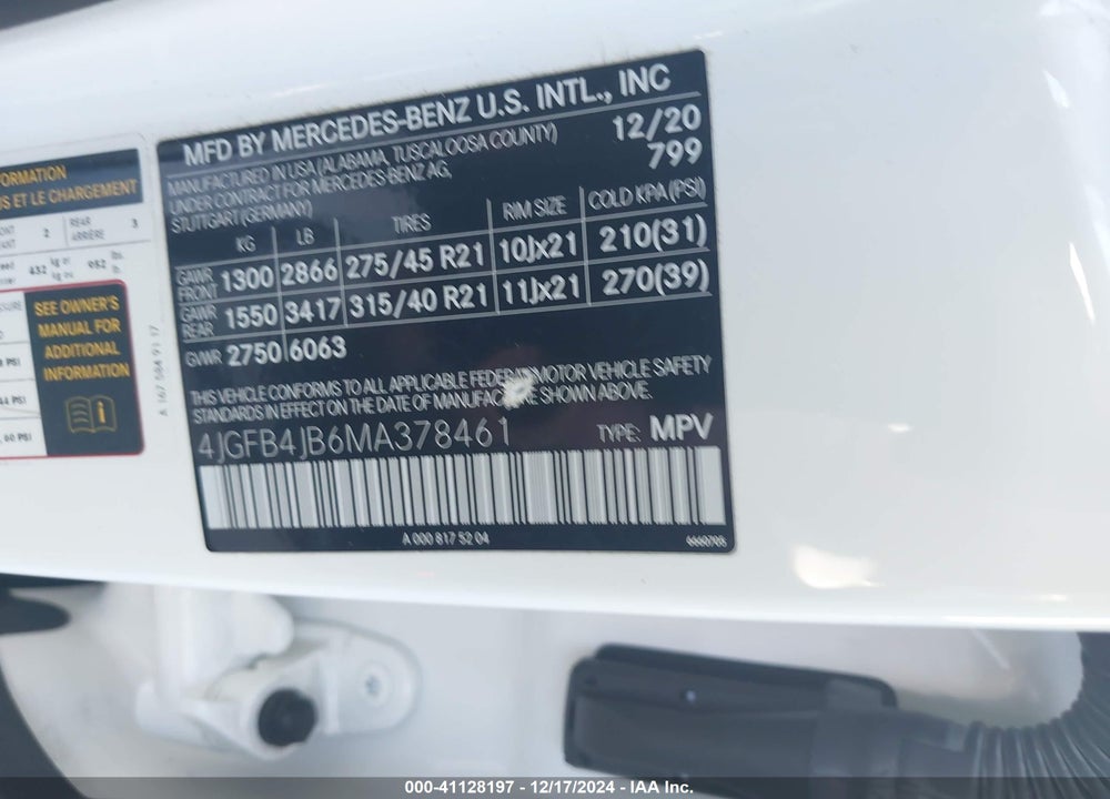 2021 MERCEDES-BENZ GLE 350 VIN: 4JGFB4JB6MA378461
