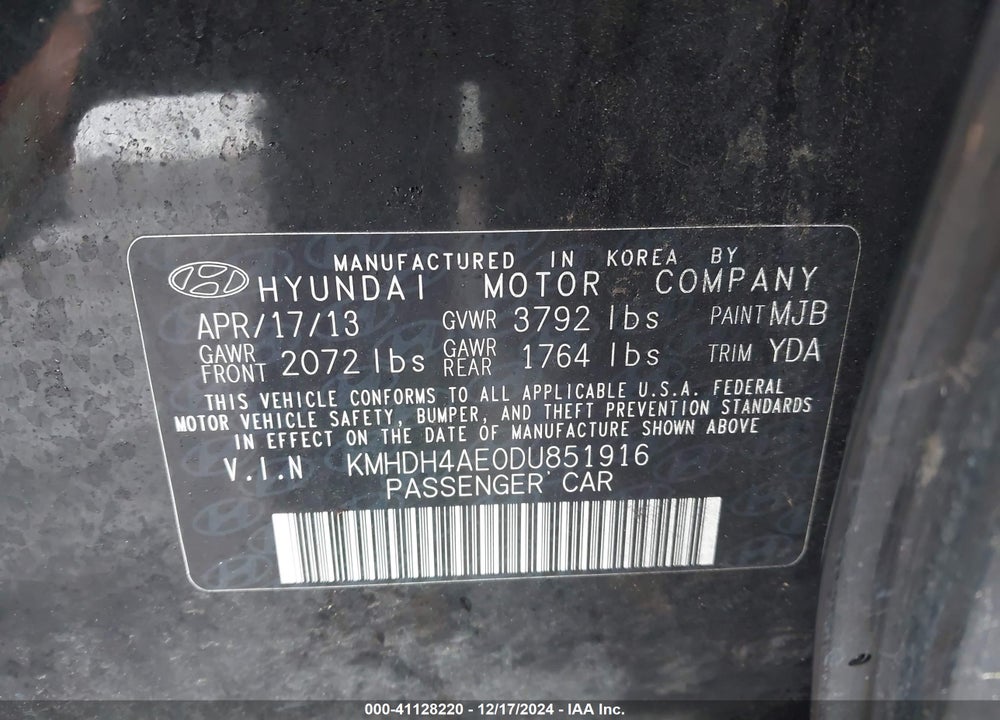 2013 HYUNDAI ELANTRA VIN: KMHDH4AE0DU851916