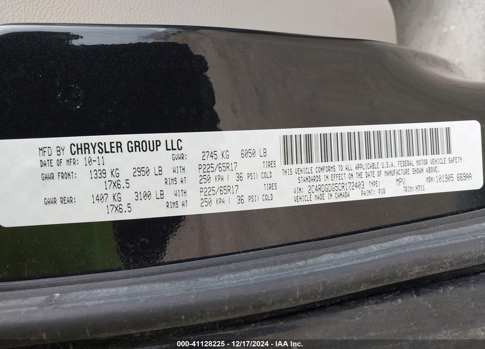 2012 DODGE GRAND CARAVAN CREW VIN: 2C4RDGDG5CR172403