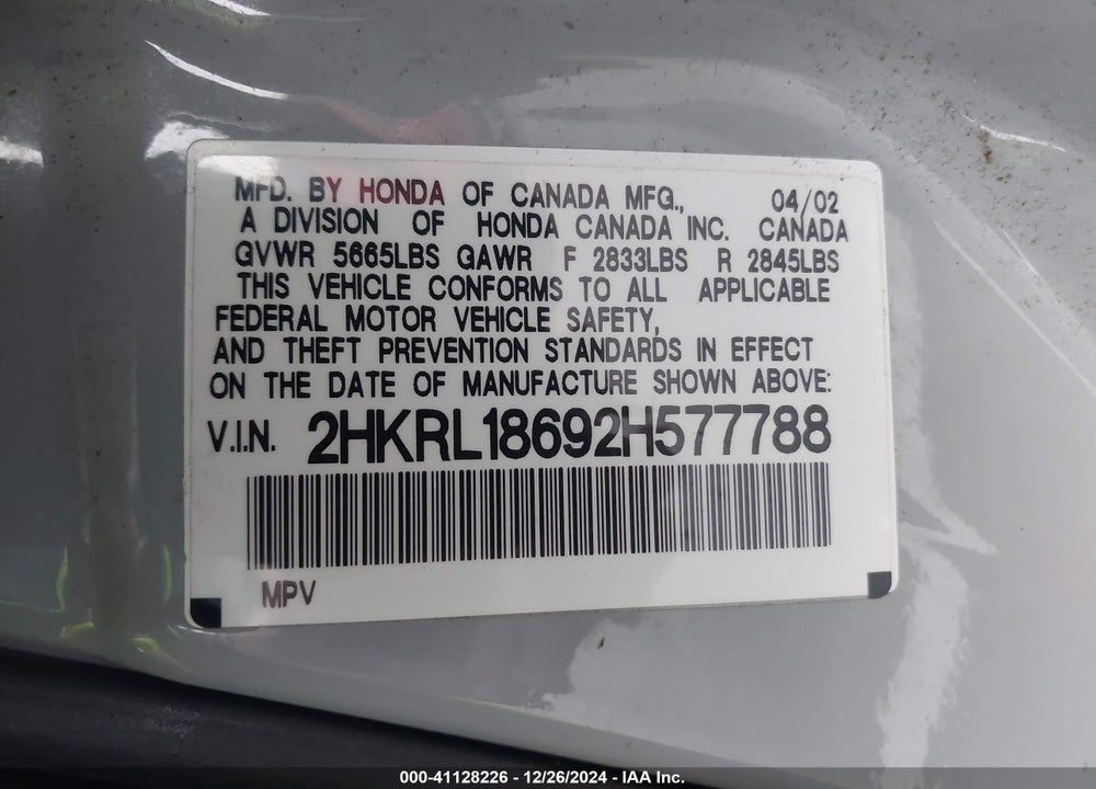 2002 HONDA ODYSSEY EX VIN: 2HKRL18692H577788