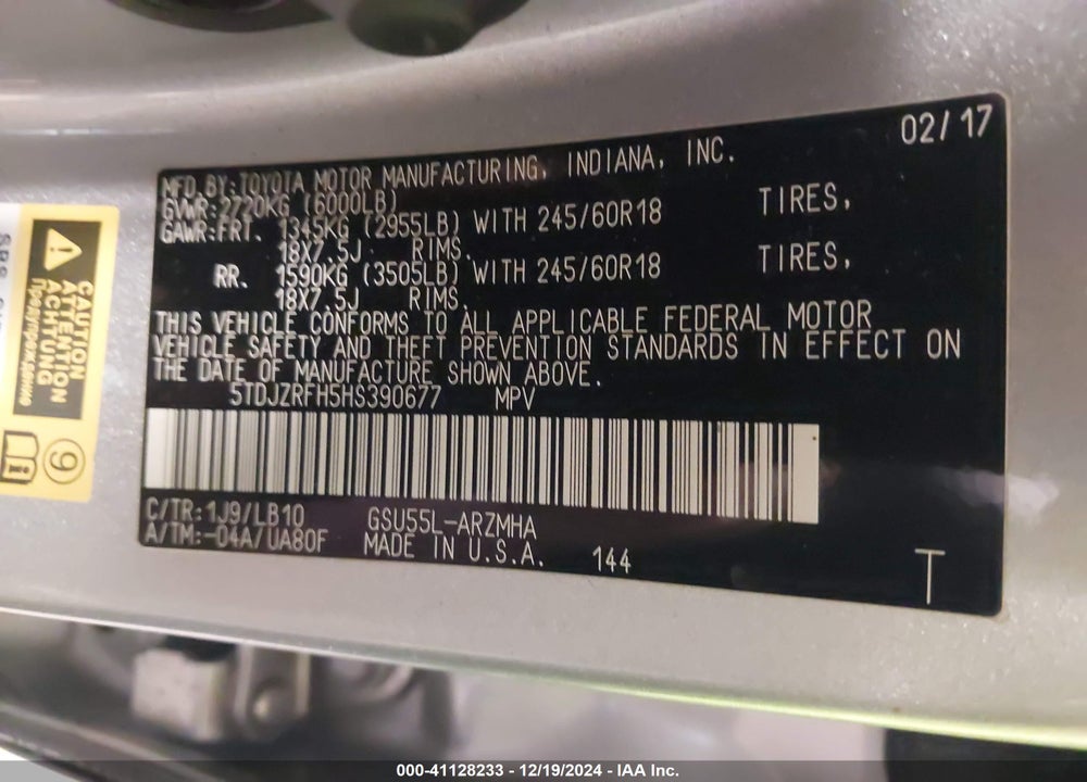 2017 TOYOTA HIGHLANDER XLE VIN: 5TDJZRFH5HS390677